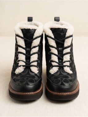 Coach Black Signature Jacquard Lace-Up Winter Boots with Cream Shearling
